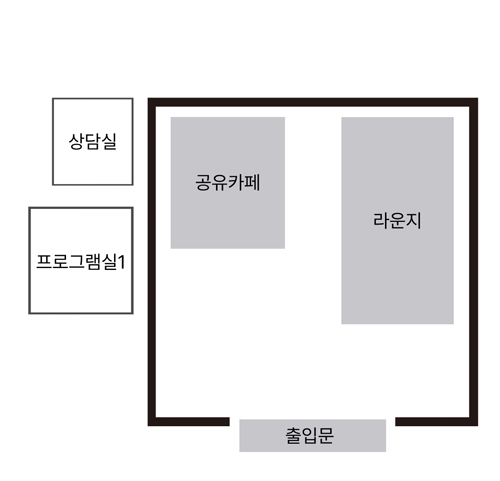 웨스트 평면도 - 출입문, 공유카페, 라운지, 프로그램실1, 상담실